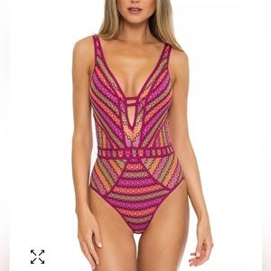 BECCA Vibrant Pink and Orange Lace One Piece Swimsuit